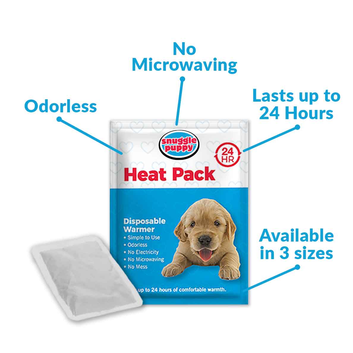 Snuggle Puppy heat pack that lasts up to 24 hours, is odorless, and is sold separately in 3 different quantities